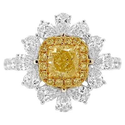 Pre-owned Hyt Gia Certified Cushion Cut Natural Fancy Yellow Diamond And White Diamond Ring