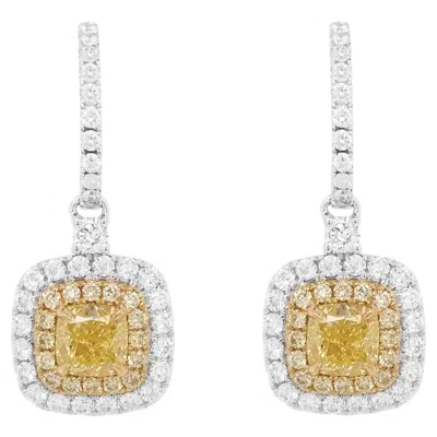 Pre-owned Hyt Gia Certified Cushion Cut Natural Fancy Yellow Diamond Dangle Earrings 18k Gold