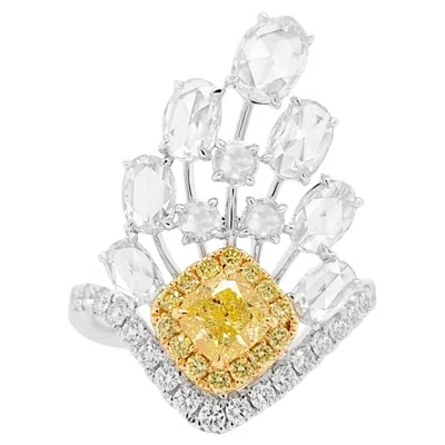 Pre-owned Hyt Gia Certified Cushion Cut Yellow Diamond And Rosecut White Diamond 18k Gold Ring
