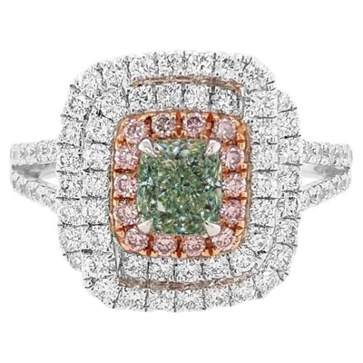 Pre-owned Hyt Gia Certified Cushion Natural Green Diamond And Pink Diamond Ring In 18k Gold