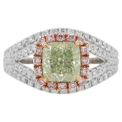 Pre-owned Hyt Gia Certified Cushion Natural Green Diamond And Pink Diamond Ring In 18k Gold