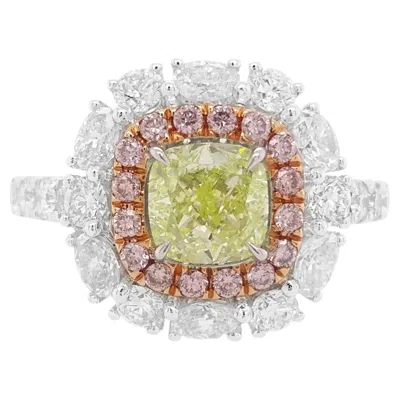 Pre-owned Hyt Gia Certified Cushion Natural Green Diamond And Pink Diamond Ring In 18k Gold