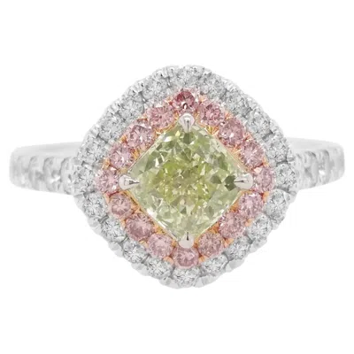 Pre-owned Hyt Gia Certified Cushion Natural Green Diamond And Pink Diamond Ring In 18k Gold
