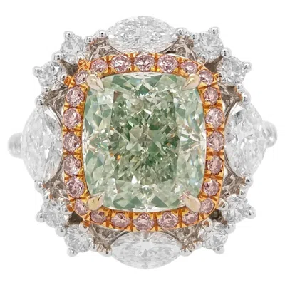 Pre-owned Hyt Gia Certified Cushion Natural Green Diamond And Pink Diamond Ring In 18k Gold