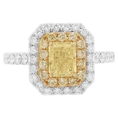 Pre-owned Hyt Gia Certified Fancy Yellow Diamond And White Diamond 18k Gold Ring