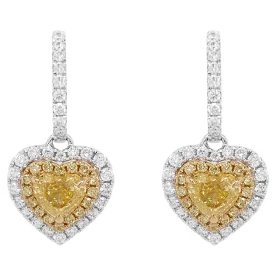 Pre-owned Hyt Gia Certified Heart Natural Yellow Diamond White Diamond 18k Gold Earrings