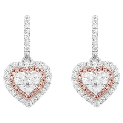 Pre-owned Hyt Gia Certified Heart Shape White Diamond & Pink Diamond Earrings Made In 18k Gold