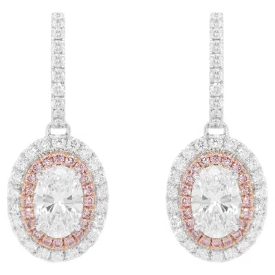 Pre-owned Hyt Gia Certified Oval Shape White Diamond And Pink Diamond 18k Gold Earrings