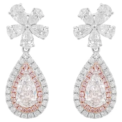 Pre-owned Hyt Gia Certified Pear Shape White Diamond Pink Diamond Earring Made In 18k Gold