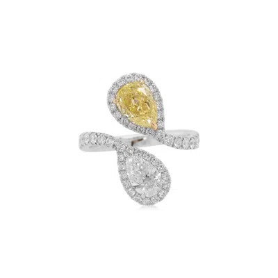 Pre-owned Hyt Gia Certified Pear Shape Yellow Diamond And White Diamond 18k Gold Ring