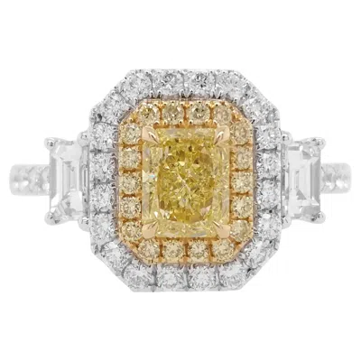 Pre-owned Hyt Gia Certified Rectangle Cut Natural Fancy Yellow Diamond And White Diamond Ring