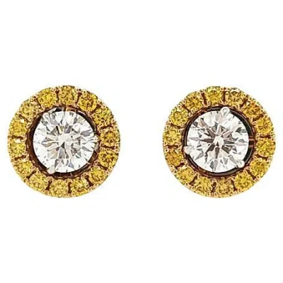 Pre-owned Hyt Gia Certified Round Brilliant Cut White And Yellow Diamond 18k Gold Earrings