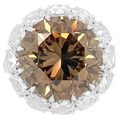 Pre-owned Hyt Gia Certified Round Brown Diamond And White Rosecut Diamonds In 18k Gold Ring