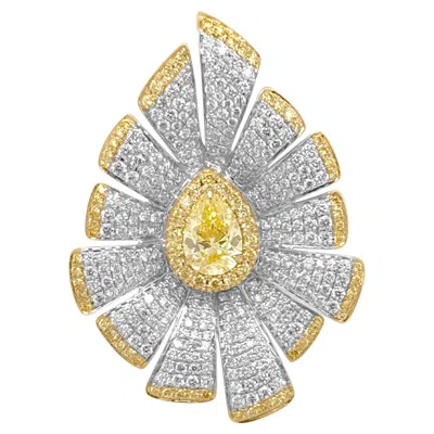 Pre-owned Hyt Gia-certified Pear-shaped Natural Yellow Diamond Floral Cocktail Ring In 18kgold