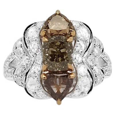 Pre-owned Hyt Igi Certified Ring With Cushion Shape Natural Brown And White Diamonds 18k Gold