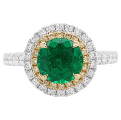 Pre-owned Hyt Igi Certified Round Cut Colombian Emerald, Yellow Diamond And White Diamond Ring