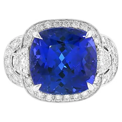 Pre-owned Hyt Jewelry 11 Carat Plus Cushion Natural Tanzanite And White Diamond Cocktail Ring 18k Gold