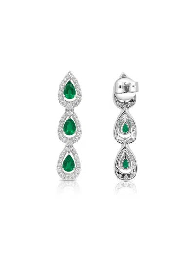 Hyt Jewelry 18k White Gold Emerald And Diamond Dangling Earrings In Silver