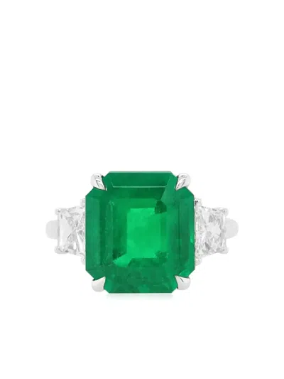 Hyt Jewelry 18k White Gold Emerald And Diamond Ring In Silver