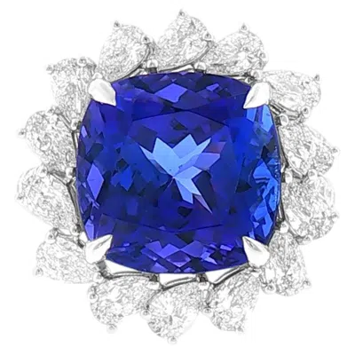 Pre-owned Hyt Jewelry Cushion Cut Natural Tanzanite And White Diamond Cocktail Ring In 18k Gold