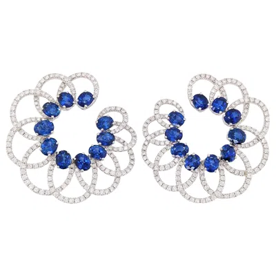 Pre-owned Hyt Jewelry Natural Sri Lankan Blue Sapphire And White Diamond 18k Gold Hoop Earrings