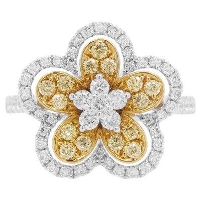 Pre-owned Hyt Jewelry Natural Yellow Diamond And White Diamond Floral Cocktail Ring In Platinum