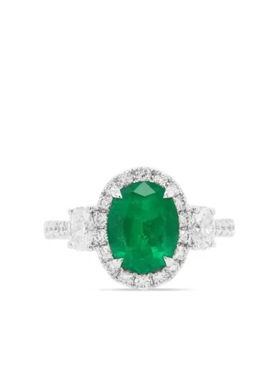 Hyt Jewelry Platinum Diamond And Emerald Ring In Silver