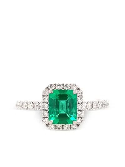 Hyt Jewelry White Gold Emerald And Diamond Ring In Silver