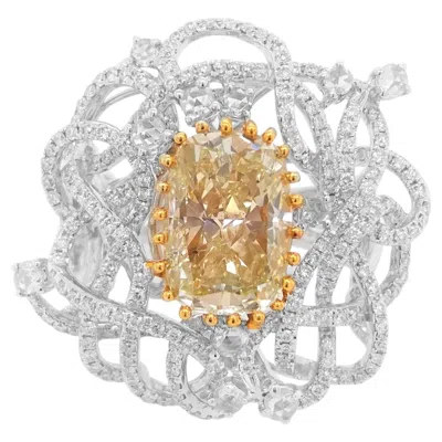 Pre-owned Hyt Natural Cushion Cut Yellow Diamond And White Diamond Cocktail Ring In 18k Gold