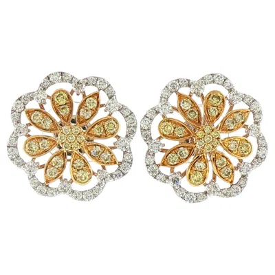 Pre-owned Hyt Natural Yellow Diamond And White Diamond Floral Stud Earrings In 18k Gold