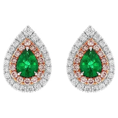 Pre-owned Hyt Pear Shape 1.34 Ct Colombian Emerald And Pink Diamond Modern Earring In 18k Gold