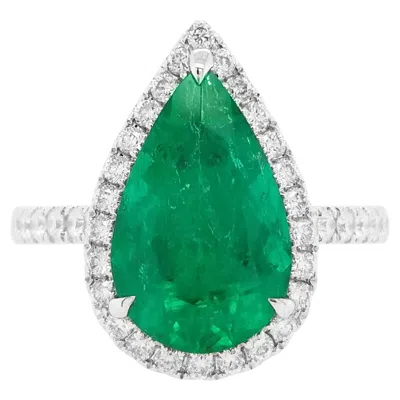Pre-owned Hyt Pear Shape Colombian Emerald And Natural White Diamond 18k Gold Classic Ring