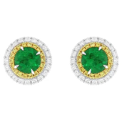 Pre-owned Hyt Round Shape Colombian Emerald And Yellow Diamond Modern Earring In 18k Gold