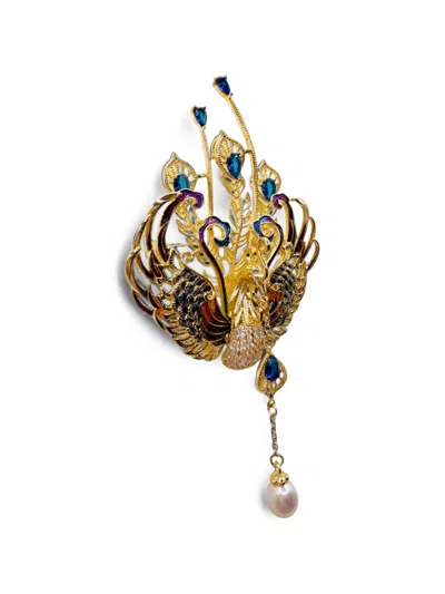 Hzmer Jewellery Maharani Peacock Pearl Brooch In Gold