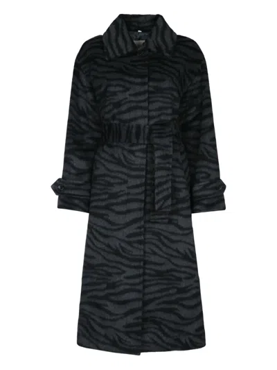 I Blues Zebra-print Belted Coat In Black