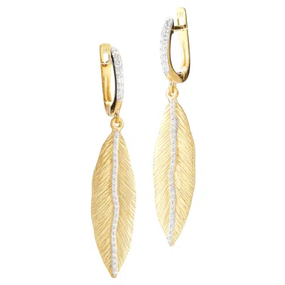 Pre-owned I. Reiss Handcrafted 14 Karat Yellow Gold Dangling Textured Feather Earrings