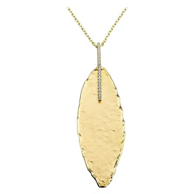 Pre-owned I. Reiss Handcrafted 14 Karat Yellow Gold Hammered Leaf Pendant, Accented With Diamonds