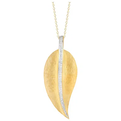 Pre-owned I. Reiss Handcrafted 14 Karat Yellow Gold Hammered Leaf Pendant, Accented With Diamonds