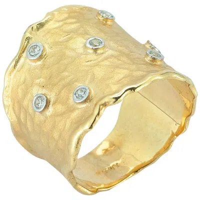 Pre-owned I. Reiss Handcrafted 14 Karat Yellow Gold Hammered Scattered Diamond Cigar Ring
