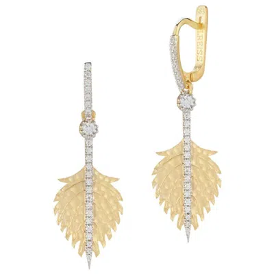 Pre-owned I. Reiss Handcrafted 14 Karat Yellow Gold Hammer-finished Dangling Feather Earrings