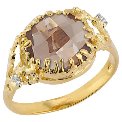 Pre-owned I. Reiss Hand-crafted 14k Gold 0.03 Ct. Tw. Diamond & 3.5ct Smokey Topaz Cocktail Ring In Multi