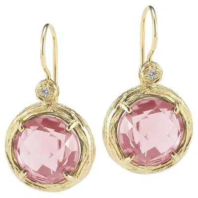 Pre-owned I. Reiss Hand-crafted 14k Gold 0.03 Ct. Tw. Diamond & 7.0ct Rose Quartz Earrings In Red