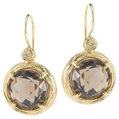 Pre-owned I. Reiss Hand-crafted 14k Gold 0.03 Ct. Tw. Diamond & 7.0ct Smokey Topaz Earrings In Multi