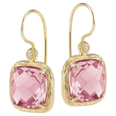 Pre-owned I. Reiss Hand-crafted 14k Gold 0.04 Ct. Tw. Diamond & 6.7ct Rose Quartz Earrings In Red