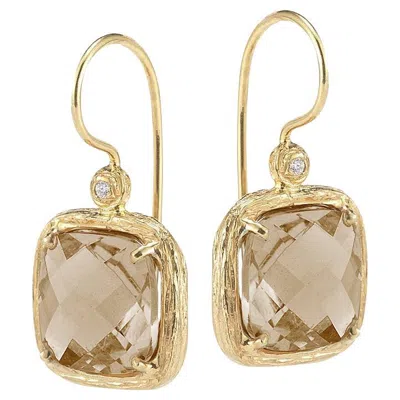 Pre-owned I. Reiss Hand-crafted 14k Gold 0.04 Ct. Tw. Diamond & 7.2ct Smokey Topaz Earrings In Multi