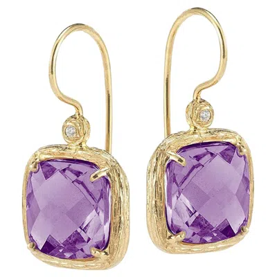 Pre-owned I. Reiss Hand-crafted 14k Yellow Gold Diamond And Amethyst Color Stone Drop Earrings