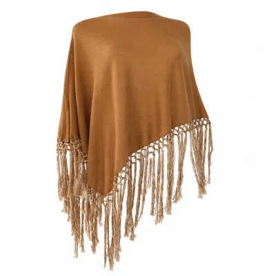 I Rocchi Cashmere Brown Women's Pure Linen Poncho With Hand-creafted Fringes - Earth-toned