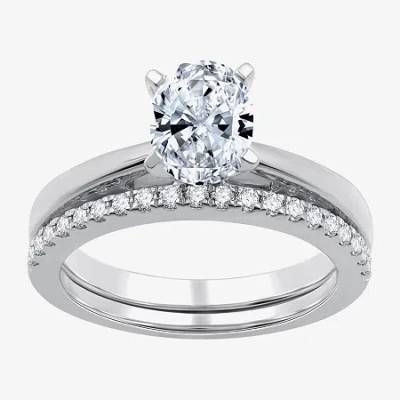 I Said Yes (g / Si1-si2) Womens 1 1/4 Ct. T.w. Lab Grown White Diamond Sterling Silver Oval Side Stone Solitair In Transparent