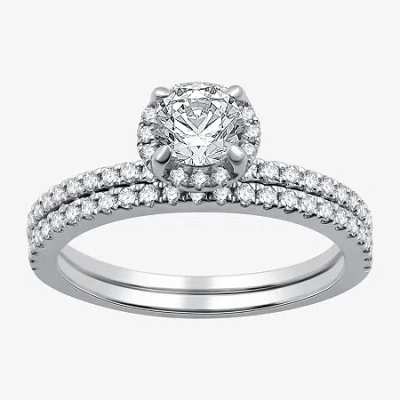 I Said Yes (g / Si1-si2) Womens 1 Ct. T.w. Lab Grown White Diamond Sterling Silver Round Side Stone Halo Bridal