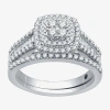 I Said Yes (h-i / I1) 1 Ct.t.w. Lab-grown Diamond Cushion Side Stone Halo Bridal Set In Sterling Silver In Silver